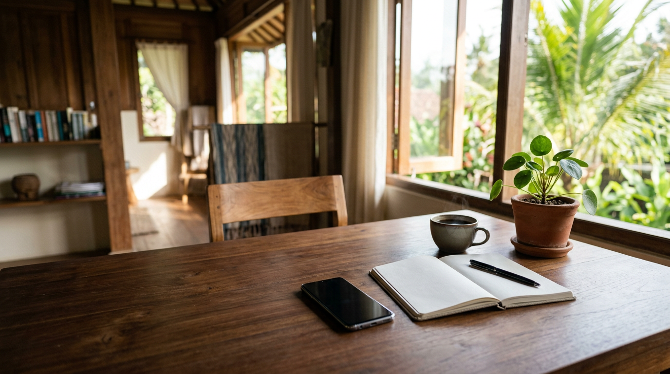 Meja kayu dengan HP, buku catatan, dan kopi di ruang kerja rumah yang terang